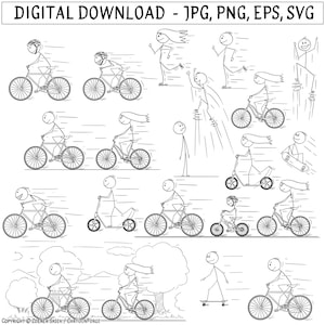 Könnte beinhalten: Schwarz-Weiß-Cartoon-Illustration mit Strichmännchen, die verschiedene Aktivitäten ausüben, darunter Fahrradfahren, Rollerfahren und Skateboarden. Der Text "DIGITAL DOWNLOAD - JPG, PNG, EPS, SVG" ist enthalten.