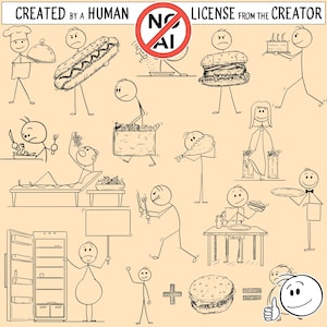 Set of 15 stickman, stick man, stick figure or stick characters with food or eating. Digital download in JPG, PNG or as vector EPS or svg.