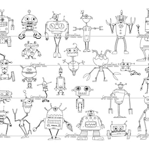 May include: A black and white line drawing of 20 different robots. The robots are all in various poses and have different features. Some robots have antennas, wheels, and gears. Some robots have arms, legs, and eyes. All of the robots are cartoon-style.