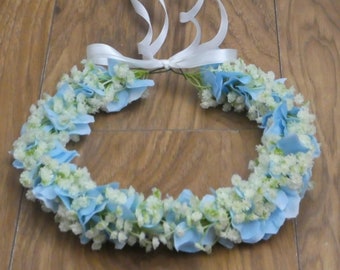 May include: A light blue flower crown with white baby's breath flowers and a white satin ribbon.