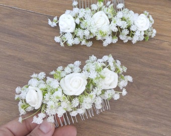 Gypsophila and rose hair comb slide clip wedding bride bridesmaid flower girl artificial flowers