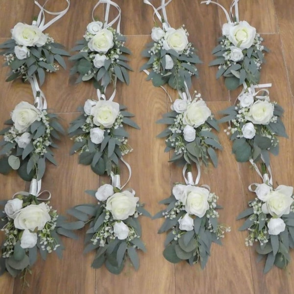 Pew Ends Wedding Chair Flowers Artificial Roses Eucalyptus Gypsophila Decor