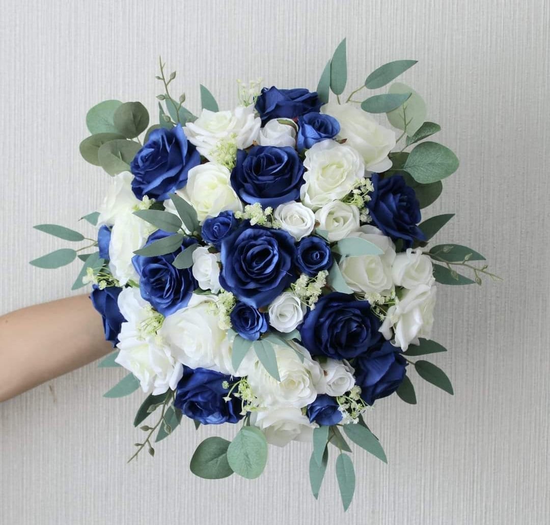 Wedding Flowers Bouquet Royal Blue Ivory Roses Gypsophila Bridesmaid ...
