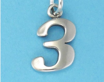 Sterling Silver Number Charm "3" Charm Bracelet Charm Pendant