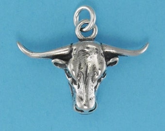 Texas Longhorn Head  Hook 'Em Horns Sterling Silver Charm Bracelet Charm Pendant