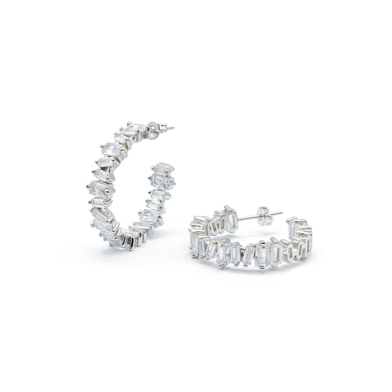 Baguette White Earrings Baguette Jewelry Hoop Earrings 3x2mm Baguette White Cz 925K Sterling Silver Earrings 14K /& 18K Solid White Gold