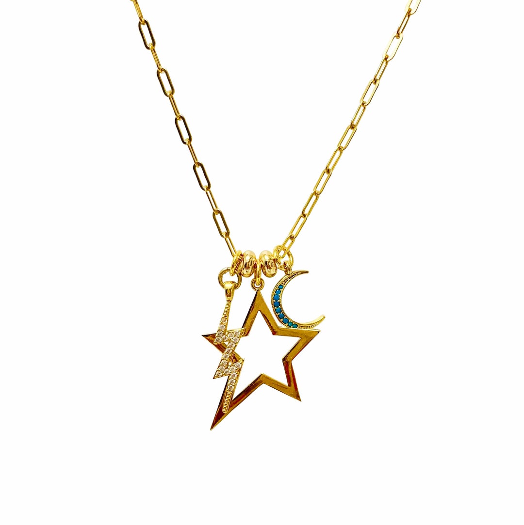 Celestial Charm Necklace Star Moon Bolt Charm Necklace Gold - Etsy