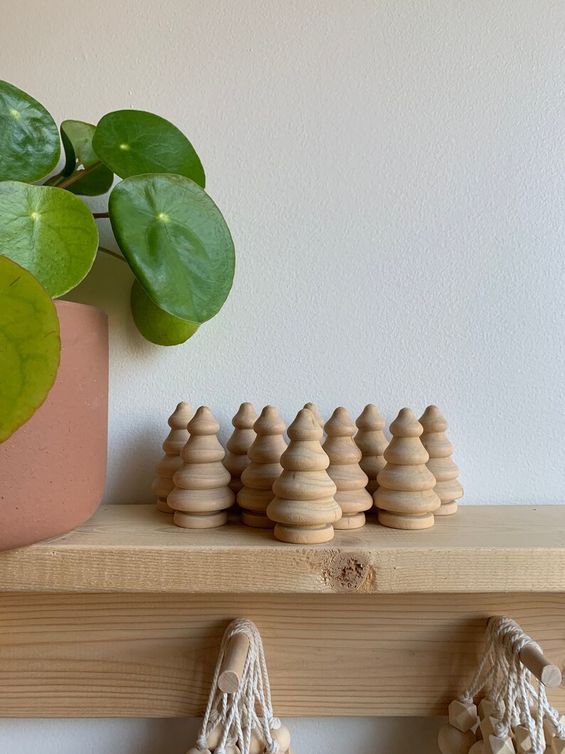 Set of 10 Miniature Wooden Trees Raw Wood Craft Supply Montissori Toy