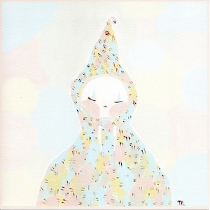 May include: A watercolor painting of a person wearing a hooded cloak with a patterned design in shades of blue, pink, and yellow. The person's face is obscured by the hood, and their eyes are closed.