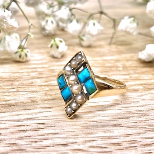 Antiker viktorianischer 15k Gold-Türkis und Split-Perle, Größe P, ungewöhnlicher antiker Ring