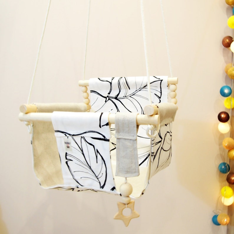 READY TO SHIP Indoor baby swing Natural toy Baby shower gift High back swing Birthday gift Wood swing Linen fabric Swing chair Kids swing