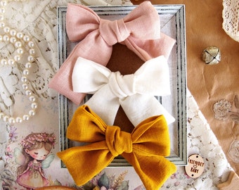 Set of 3 Girls Linen Bows. Elegant Hair Accessory. Festive or Daily Wear. Pink, Salted Caramel, White Bows for Hair. School Girl Bow Clip.