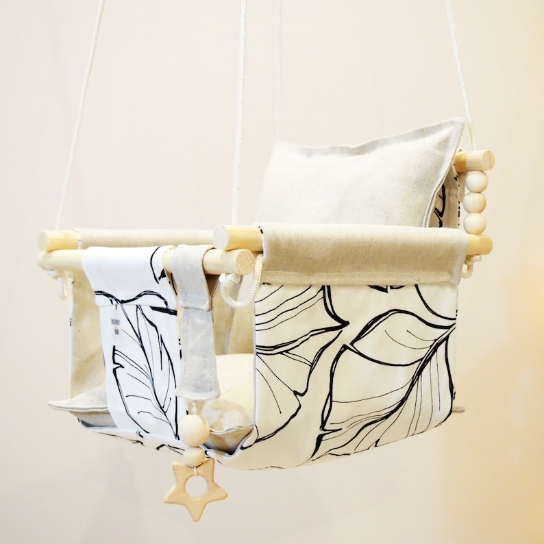 READY TO SHIP Indoor baby swing Natural toy Baby shower gift High back swing Birthday gift Wood swing Linen fabric Swing chair Kids swing