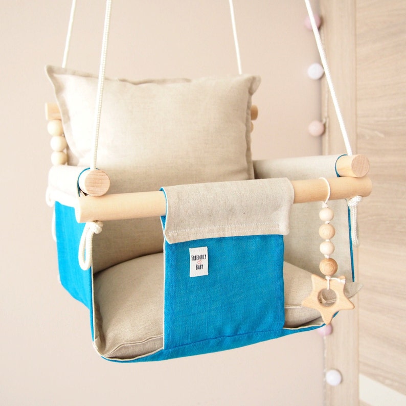 Turquoise Baby Linen Swing High Back Swing Porch Swing Wooden Swing Toddler Playroom Decor Natural Toy Hammock Chair Hanging Swing