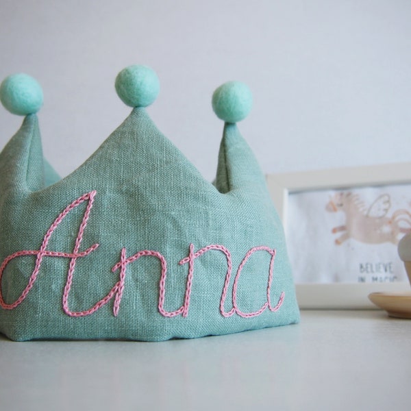 Mint Personalized Birthday Crown for Kids with Pompoms. Custom Name Linen Toddler Crown. Children's Dress Up Crown. 100% Linen.