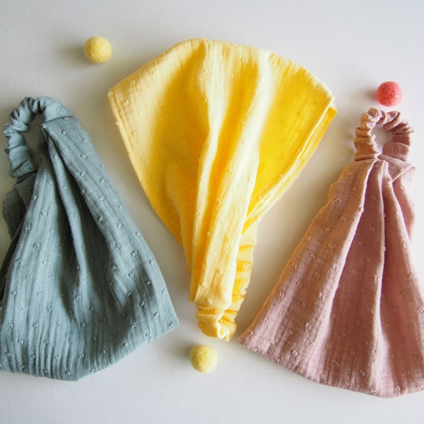 Set of 3 Girl Headscarf for Summer. Toddler Headwrap. Kids Beach Hat. Muslin Cotton Bandana. 3 - 12 month, 1, 2, 3, 4, 5, 6, 7 year.