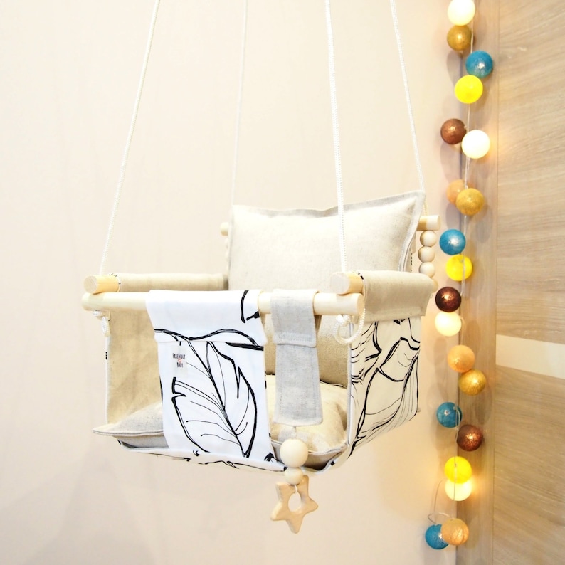 READY TO SHIP Indoor baby swing Natural toy Baby shower gift High back swing Birthday gift Wood swing Linen fabric Swing chair Kids swing