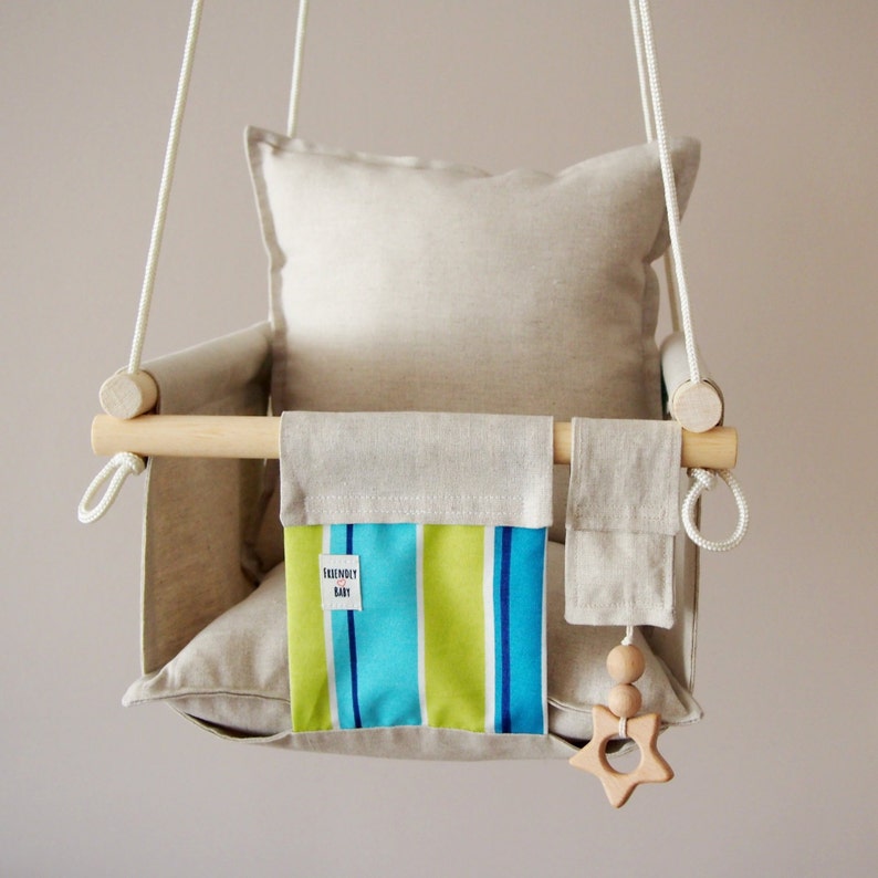 Baby Boy Swing Kids Hanging Chair Children Hammock Swing Natural Toy Toddler Indoor Swing Porch Swing Linen Fabric Christening Gift