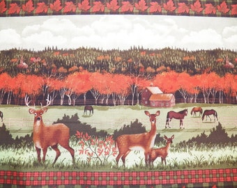 Timeless Treasures Fall Fabric of a Farmhouse, Horses in Pastures and Deers, Blazing Orange Leaf Trees, Border Fabric, Quilting Fabric