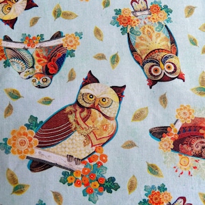 Tossed Owl Arabesque Fabric by David Galchutt for QT Fabric, 100 % Cotton Fabric, Fall Floral Fabric with Owls, Quilting Fabric