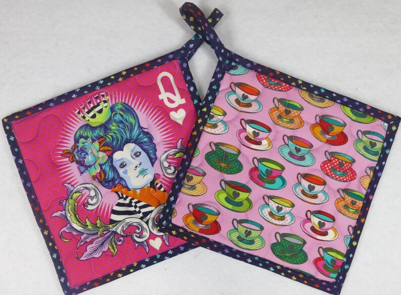 Tula Pink Fabric Potholders, Queen of Hearts, Teacups, Set of 2 image 2