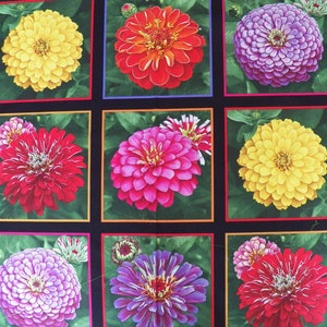 Zinnia Squares Fabric Panel from Elizabeth&#39;s Studio - 24 x 44, 100% Cotton Fabric for Quilting or Crafting, Beautiful Floral Fabric Squares