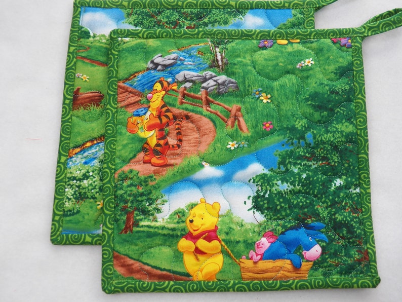 TWO Quilted Potholders 8.5 Square Reversible Potholders Fabric Potholders Winnie the Pooh Piglet Tigger 100 Acre Woods Eeyore Wash