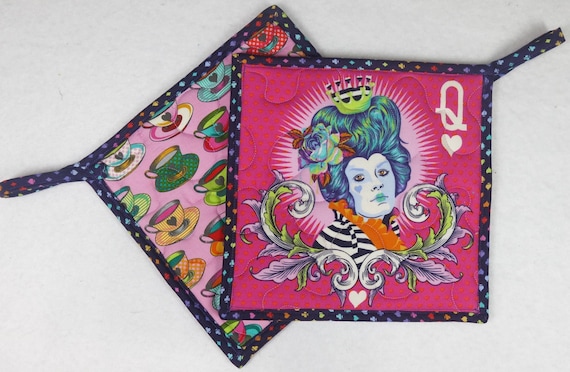 Tula Pink Fabric Potholders, Queen of Hearts, Teacups, Set of 2