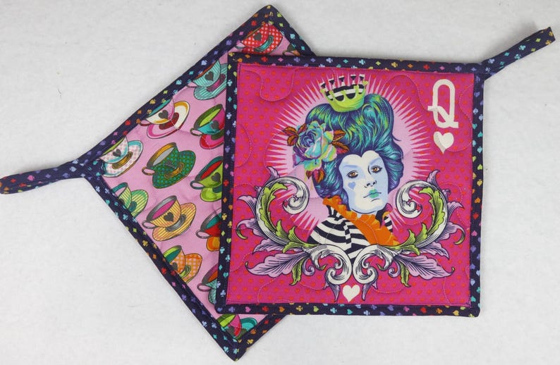 Tula Pink Fabric Potholders, Queen of Hearts, Teacups, Set of 2 image 1