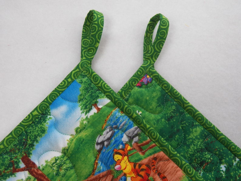 TWO Quilted Potholders 8.5 Square Reversible Potholders Fabric Potholders Winnie the Pooh Piglet Tigger 100 Acre Woods Eeyore Wash