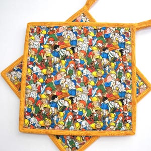 TWO Construction Potholders, Quilted Potholders, 8.5&quot; Square, Kitchen Decorations, Kitchen Potholders, Insulated Potholders, Quilted Mug Rug