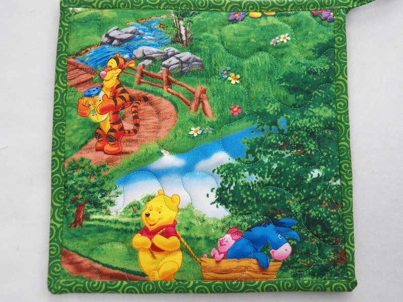 TWO Quilted Potholders 8.5 Square Reversible Potholders Fabric Potholders Winnie the Pooh Piglet Tigger 100 Acre Woods Eeyore Wash