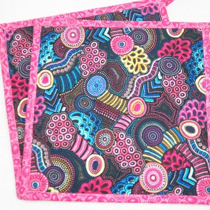 TWO Geometric Quilted Handmade Fabric Potholders, Heat Resistant Insulated Kitchen Potholders, Large 8.5&quot; Square Potholders, Quilted Hot Pad