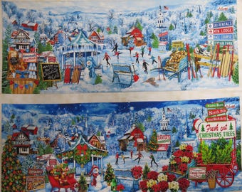 Winter Seasons Panel with Skiing, North Pole, Reindeer Barn..., Benartex Cotton Fabric Panel "All Seasons" by Greta Lynn