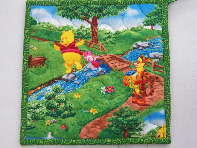TWO Quilted Potholders 8.5 Square Reversible Potholders Fabric Potholders Winnie the Pooh Piglet Tigger 100 Acre Woods Eeyore Wash