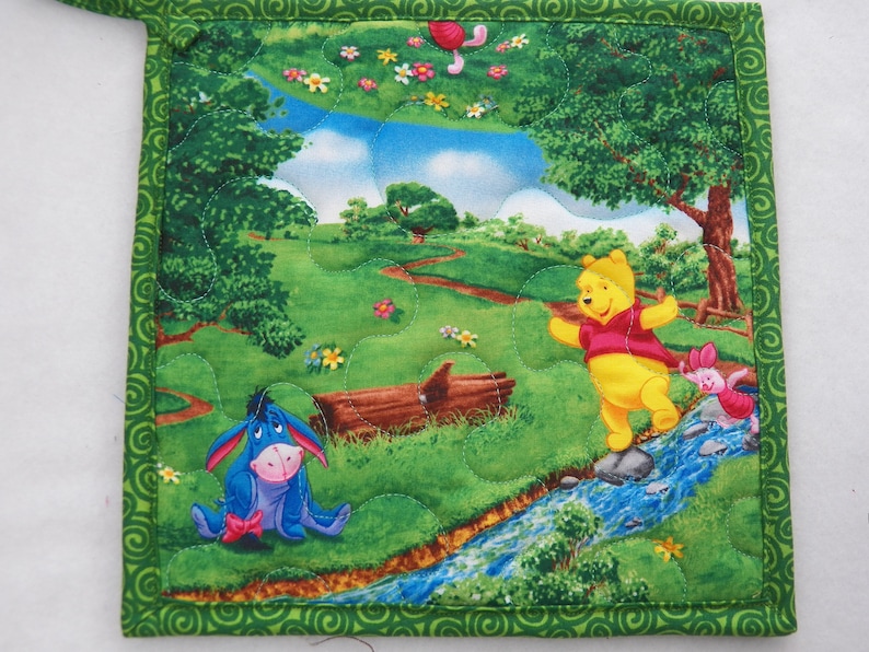 TWO Quilted Potholders 8.5 Square Reversible Potholders Fabric Potholders Winnie the Pooh Piglet Tigger 100 Acre Woods Eeyore Wash