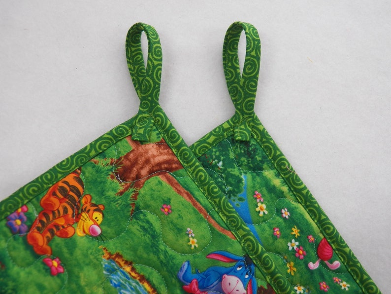 TWO Quilted Potholders 8.5 Square Reversible Potholders Fabric Potholders Winnie the Pooh Piglet Tigger 100 Acre Woods Eeyore Wash