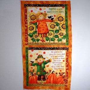 Grateful Harvest Fabric Panel by Debi Hron, Thanksgiving Wall Hanging or Fall Door Hanging with Scarecrows and Sunflowers and Pumpkins