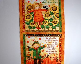 Grateful Harvest Fabric Panel, Thanksgiving Scarecrows, Sunflowers, Pumpkins