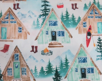 Scenic Lake Houses Cotton Fabric, Adirondack Chairs, Kayaks, Campfires