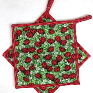 May include: Two square pot holders with a red polka dot border and hanging loop. The main fabric features a green background with white daisies and red ladybugs. The pot holders are designed to be heat resistant and protect surfaces.