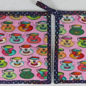 Tula Pink Fabric Potholders, Queen of Hearts, Teacups, Set of 2 image 6