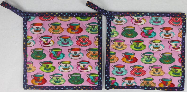 Tula Pink Fabric Potholders, Queen of Hearts, Teacups, Set of 2 image 6