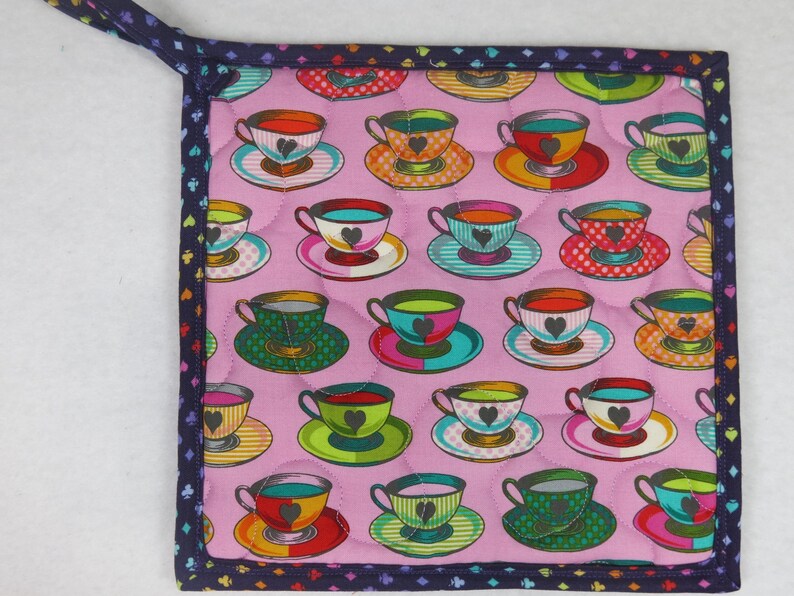 Tula Pink Fabric Potholders, Queen of Hearts, Teacups, Set of 2 image 4