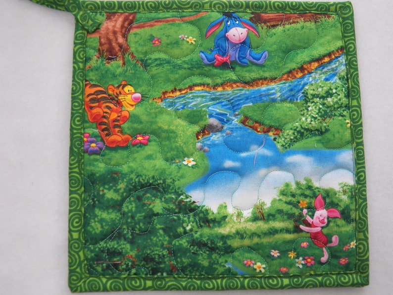TWO Quilted Potholders 8.5 Square Reversible Potholders Fabric Potholders Winnie the Pooh Piglet Tigger 100 Acre Woods Eeyore Wash