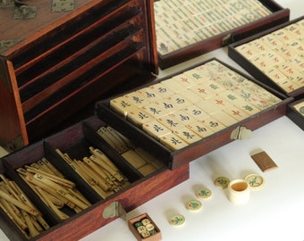 Mahjong Set, Bone + Bamboo Tiles, Early 20th century Chinese In Brass Bound Wooden Case, Tokens