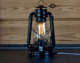 Electric retro dimmable lantern-Vintage hurricane rusty desk lamp-Handmade lighting-Filament bulb-Rotary switch-Rustic antique cozy lantern