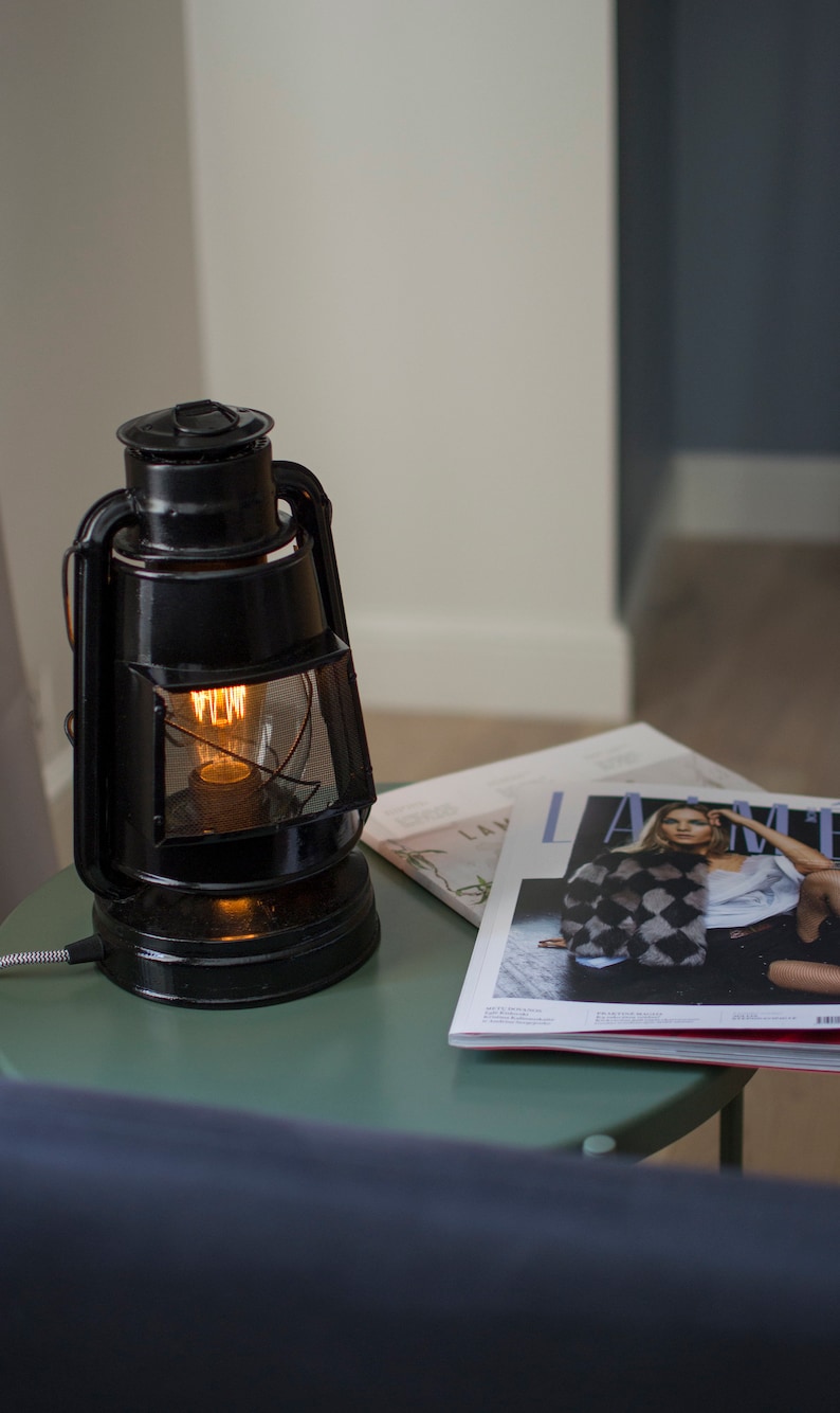 Electric handmade bedside lantern-Vintage hurricane lantern-Rustic desk lamp-Dimmable bedroom lighting-Filament bulb-Retro style table lamp image 2