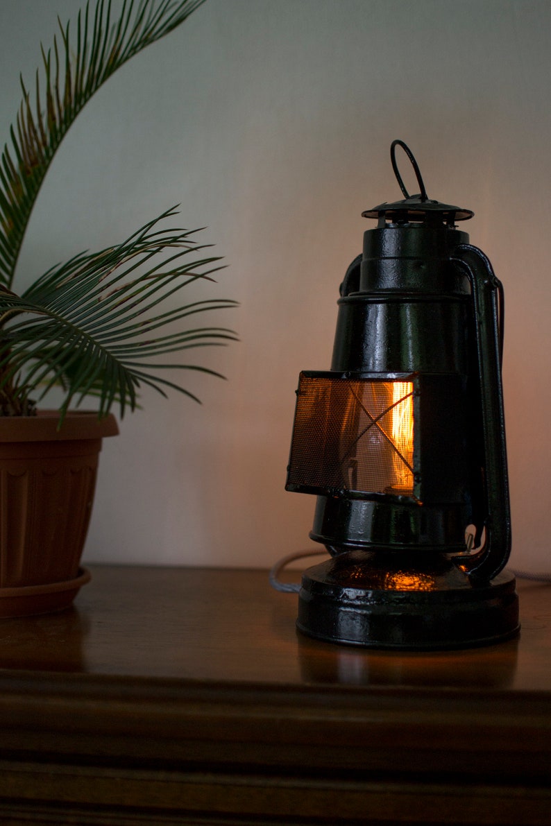 Electric handmade bedside lantern-Vintage hurricane lantern-Rustic desk lamp-Dimmable bedroom lighting-Filament bulb-Retro style table lamp image 1