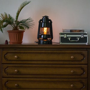 Electric handmade bedside lantern-Vintage hurricane lantern-Rustic desk lamp-Dimmable bedroom lighting-Filament bulb-Retro style table lamp image 3